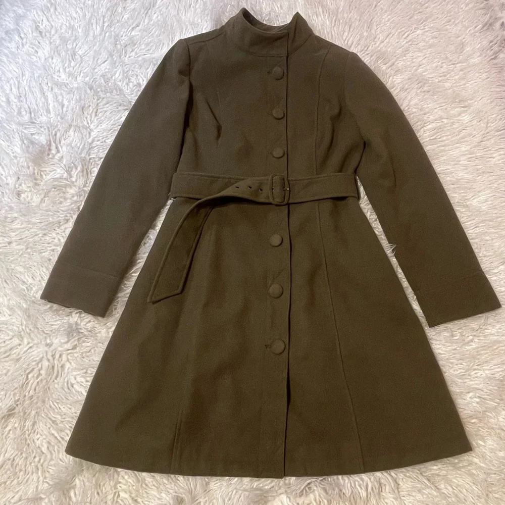 Modcloth Olive Belted High Collar Wool Coat - Picture 5 of 13